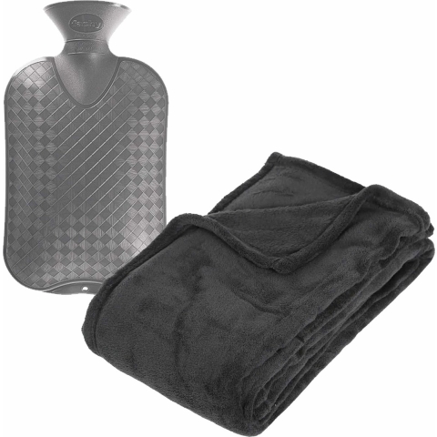 Fleece deken/plaid Antraciet 125 x 150 cm en een warmwater kruik 2 liter -