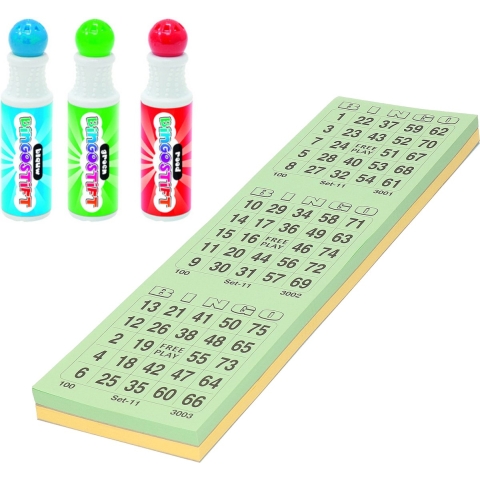 Bingo spullen - 3x bingostiften en 200x Bingokaarten nummers 1-75 -