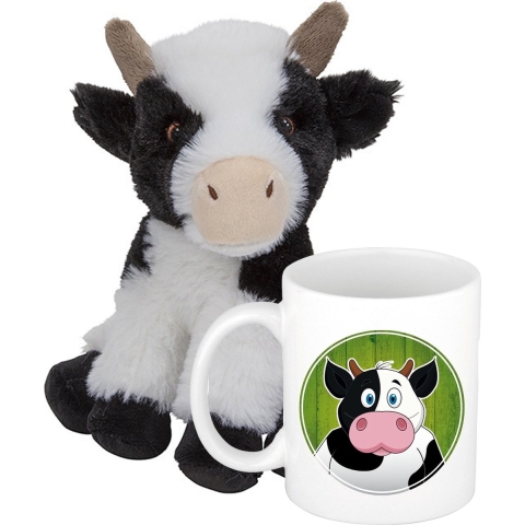 Cadeauset kind - Koeien knuffel 19 cm en Drinkbeker/mok Koe 300 ml -