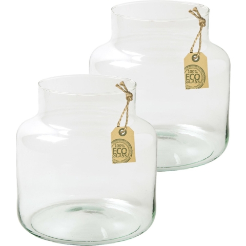 Transparante bloemenvaas 2x van gerecycled eco glas 19 x 20 cm -