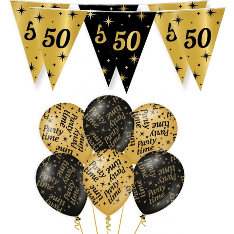 Verjaardag 50 jaar versiering pakket zwart/goud 50 en party-time -