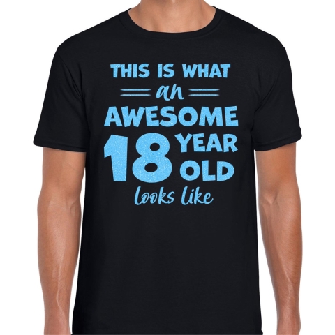 Cadeau T-shirt voor heren - leeftijd 18 jaar - awesome - zwart - glitter blauw - Verjaardagsfeest XL -