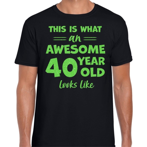 Cadeau T-shirt voor heren - leeftijd 40 jaar - awesome - zwart - glitter groen - Verjaardagsfeest S -