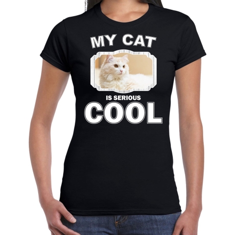 Witte kat katten / poezen t-shirt my cat is serious cool zwart voor dames M -