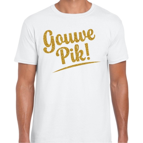 Verkleed T-shirt heren - Gouwe Pik! - wit - glitter goud - foute party S -