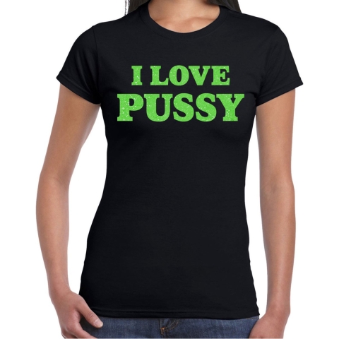 Foute party t-shirt dames - I love pussy - zwart - glitter groen - carnaval/themafeest XS -