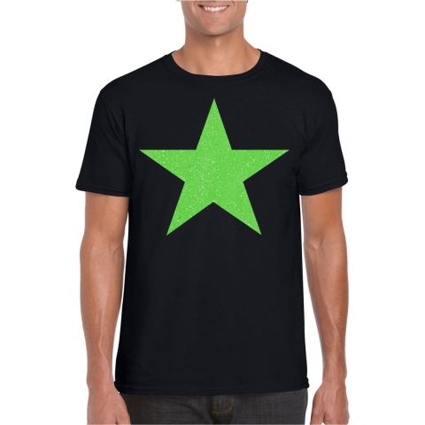 Verkleed T-shirt voor heren - ster - zwart - groen glitter - carnaval/themafeest XL -