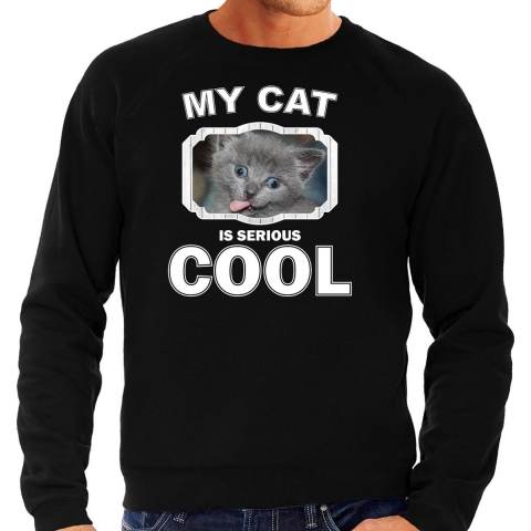 Grijze kat katten sweater / trui my cat is serious cool zwart voor heren L -