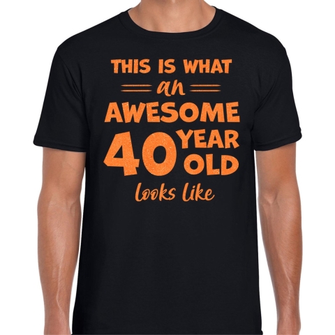 Cadeau T-shirt voor heren - leeftijd 40 jaar - awesome - zwart - glitter oranje - Verjaardagsfeest L -