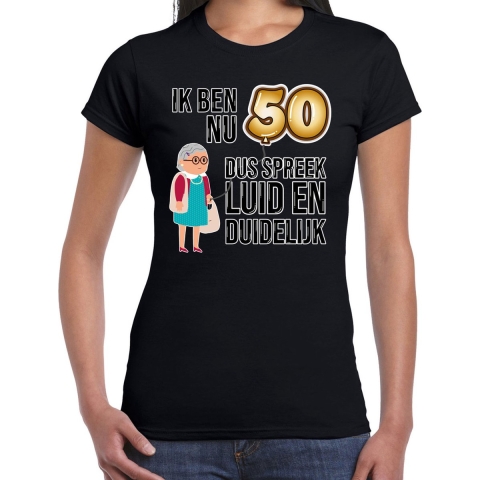 Cadeau T-shirt dames - leeftijd 50 jaar - zwart - luid en duidelijk - Sarah - verjaardagsfeest XS -