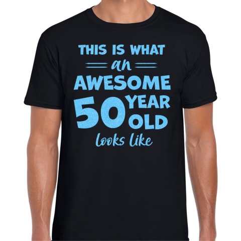 Cadeau T-shirt voor heren - leeftijd 50 jaar - awesome - zwart - glitter blauw - Abraham M -