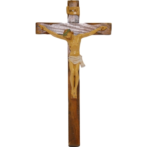 Decoratie beeldje - jezus aan kruis - 25 x 13 cm - PVC en hout - kerstversiering -