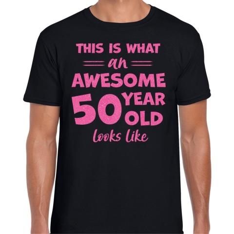 Cadeau T-shirt voor heren - leeftijd 50 jaar - awesome - zwart - glitter roze - Abraham L -