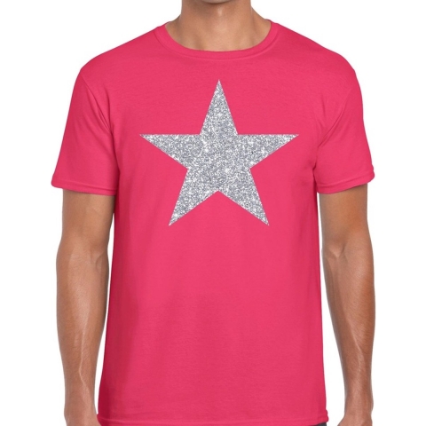 Zilveren ster glitter t-shirt roze heren XL -