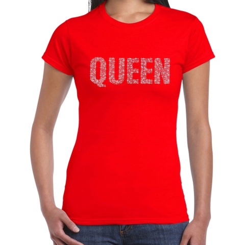 Glitter Queen t-shirt rood rhinestones steentjes voor dames - Glitter shirt/ outfit XL -