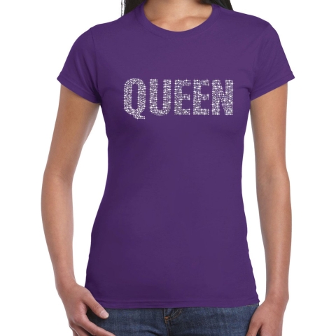 Glitter Queen t-shirt paars rhinestones steentjes voor dames - Glitter shirt/ outfit L -