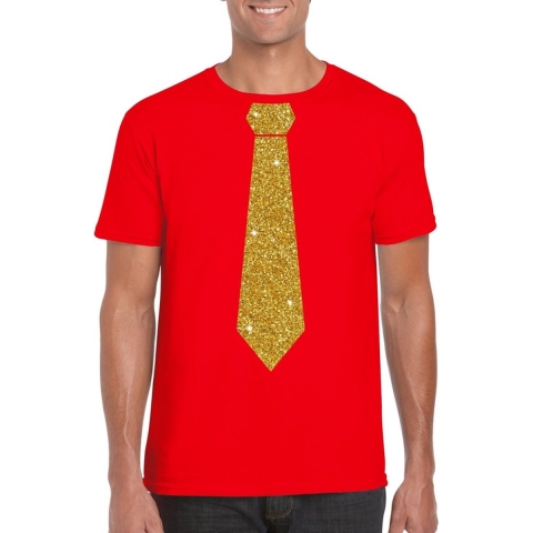 Rood fun t-shirt met stropdas in glitter goud heren L -