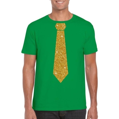 Groen fun t-shirt met stropdas in glitter goud heren S -