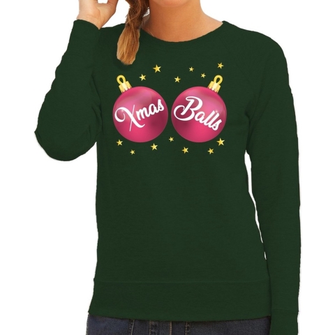 Foute kersttrui / sweater groen met roze Xmas Balls voor dames M (38) -