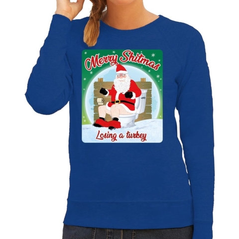 Foute kersttrui merry shitmas blauw voor dames XS (34) -