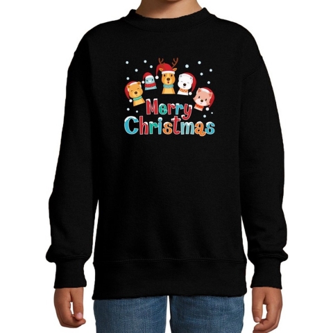 Foute kersttrui / sweater dieren Merry christmas zwart kids 9-11 jaar (134/146) -