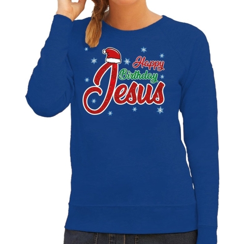 Foute Kersttrui Happy Birthday Jesus blauw voor dames XL (42) -