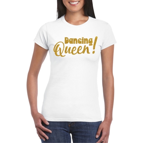 Vrijgezellenfeest t-shirt dames - Dancing Queen - wit - gouden glitter - foute party M -