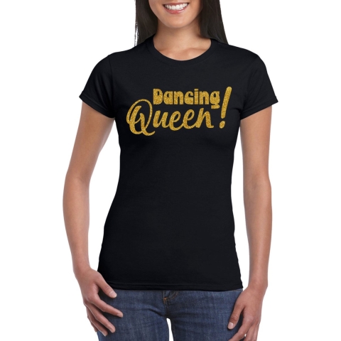 Vrijgezellenfeest t-shirt dames - Dancing Queen - zwart - gouden glitter - foute party S -