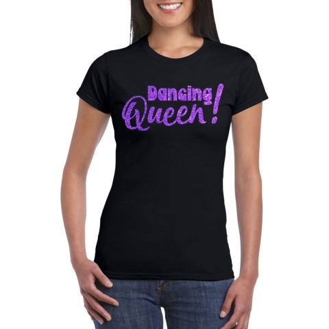 Vrijgezellenfeest t-shirt dames - Dancing Queen - zwart - paarse glitter - foute party L -