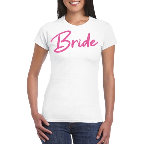 Vrijgezellenfeest T-shirt voor dames - Bride - wit - glitter roze - bruiloft/trouwen XL -