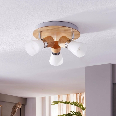 Lindby - Vivica 3 Plafondlamp Round White/Light Wood/Chrome