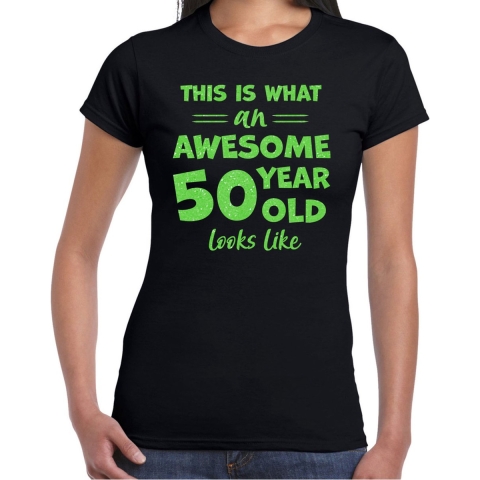 Verkleed T-shirt voor dames - leeftijd 50 jaar - awesome - zwart - glitter groen - Sarah 2XL -