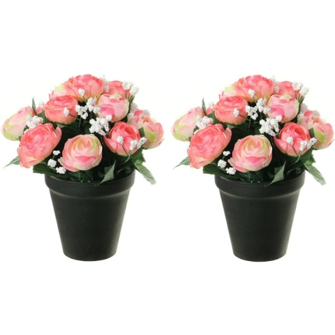 Kunstbloemen plant in pot - 2x - roze/wit tinten - 20 cm - Bloemenstuk ornament -