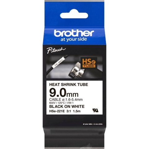 Brother HSE221E Labeltape krimpkous Tapekleur: Wit Tekstkleur: Zwart 9.0 mm 1.5 m