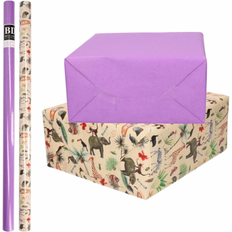 6x Rollen kraft inpakpapier jungle/oerwoud pakket - dieren/paars 200 x 70 cm -