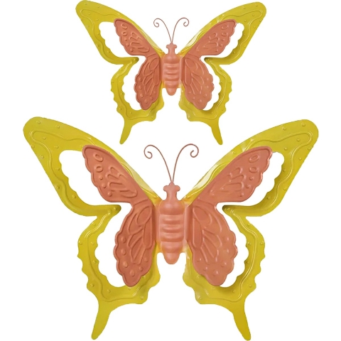 Tuin/schutting decoratie vlinders - metaal - oranje - 24 x 18 cm - 46 x 34 cm -