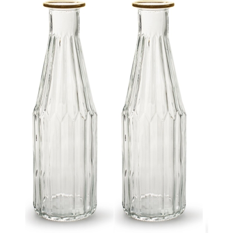 Jodeco - bloemenvaas Marseille - 2x - fles model - glas - transparant/goud - H25 x D7 cm -