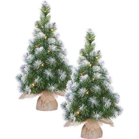2x stuks kunst kerstboom/kunstboom in jute zak met verlichting en sneeuw 60 cm -
