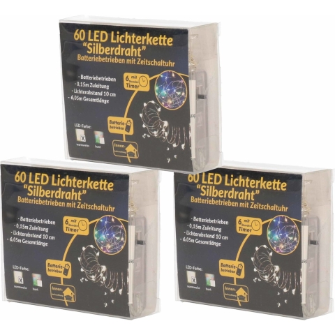 3x Draadverlichting zilver met warm witte LED lampjes 6 meter op batterijen met timer -