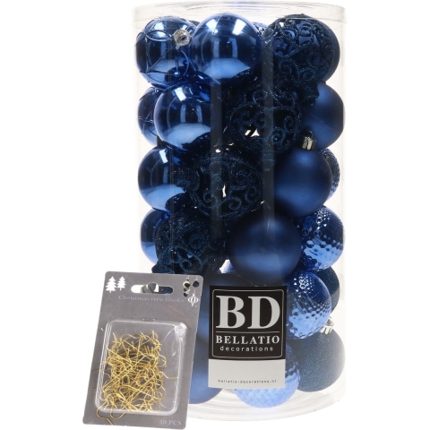 37x stuks kunststof kerstballen kobalt blauw 6 cm inclusief gouden kerstboomhaakjes -