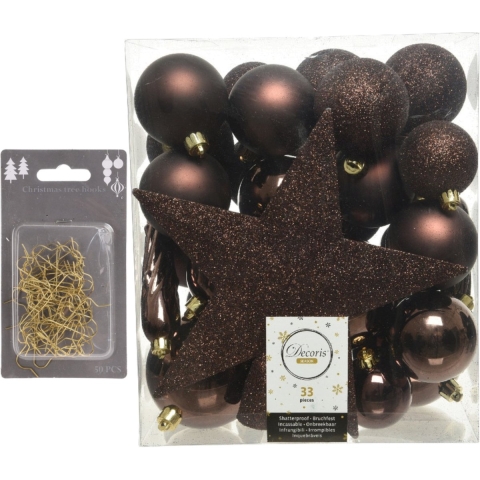 33x stuks kunststof kerstballen 5, 6 en 8 cm donkerbruin inclusief ster piek en kerstbalhaakjes -