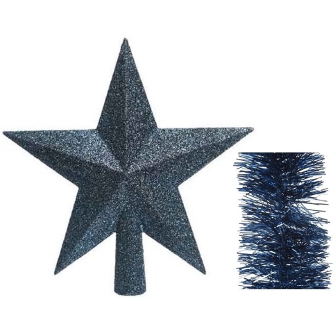 Kerstversiering kunststof glitter ster piek 19 cm en folieslingers pakket donkerblauw van 3x stuks -
