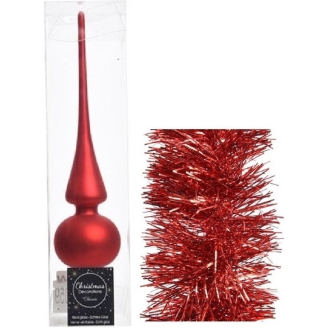 Kerstversiering glazen piek mat 26 cm en folieslingers pakket rood van 3x stuks -