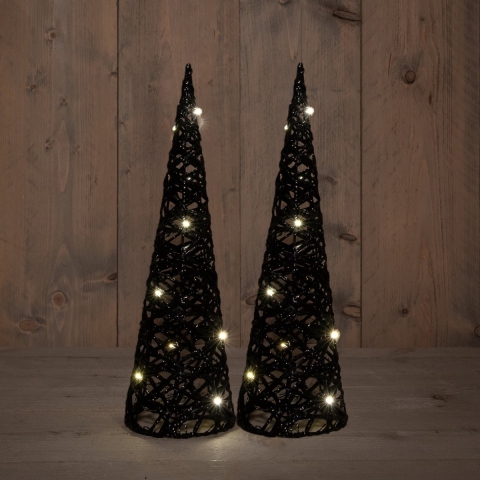 LED kegel kerstboom lampen - 2x - zwart - kunststof - D12,5 x H40 cm - glitter -