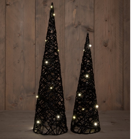 Verlichte LED kegel kerstbomen - 2x st - zwart - H40 en H60 cm - kunststof -
