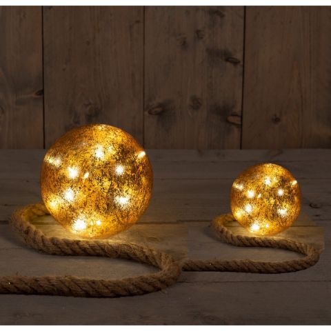 Verlichte kerstballen - 2x st -goud - glas - aan touw -D10 en D15 cm - warm wit -