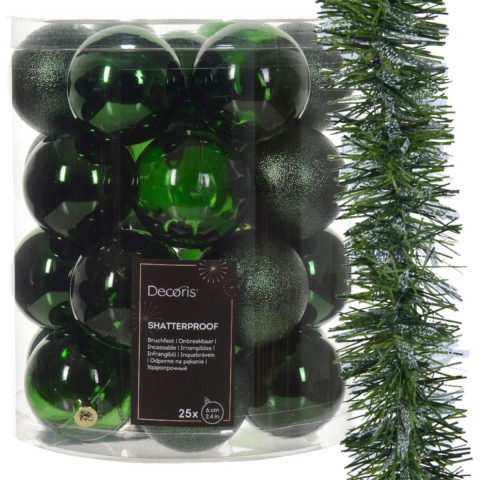 Kerstversiering - kunststof kerstballen 25x -6 cm- met kerstslinger -donkergroen -
