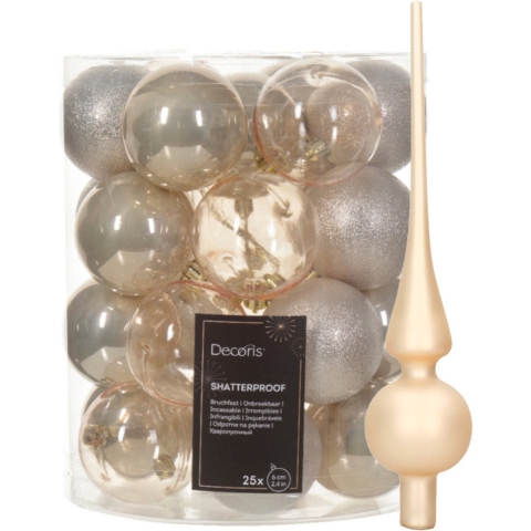 Kerstversiering set - 26-dlg - champagne - kunststof kerstballen en glazen piek -