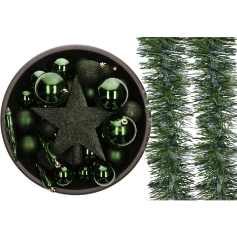Kunststof kerstballen - 33x st- met 2x slingers en een ster piek -donkergroen -