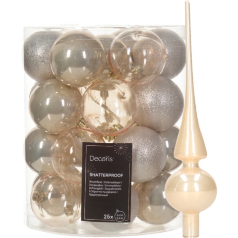 Kerstversiering set - 26-dlg - champagne - kunststof kerstballen en glazen piek -